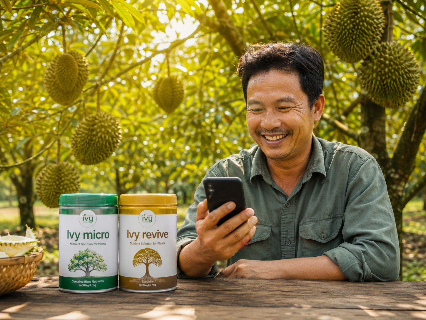 Vietnamese farmer holding Ivy Green Earth SL and Ivy Revive products in a durian orchard